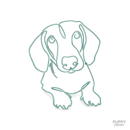A3 2022 Duch Paint Stencils featuring a teal line art drawing of a dachshund puppy in a sitting pose on a white background.