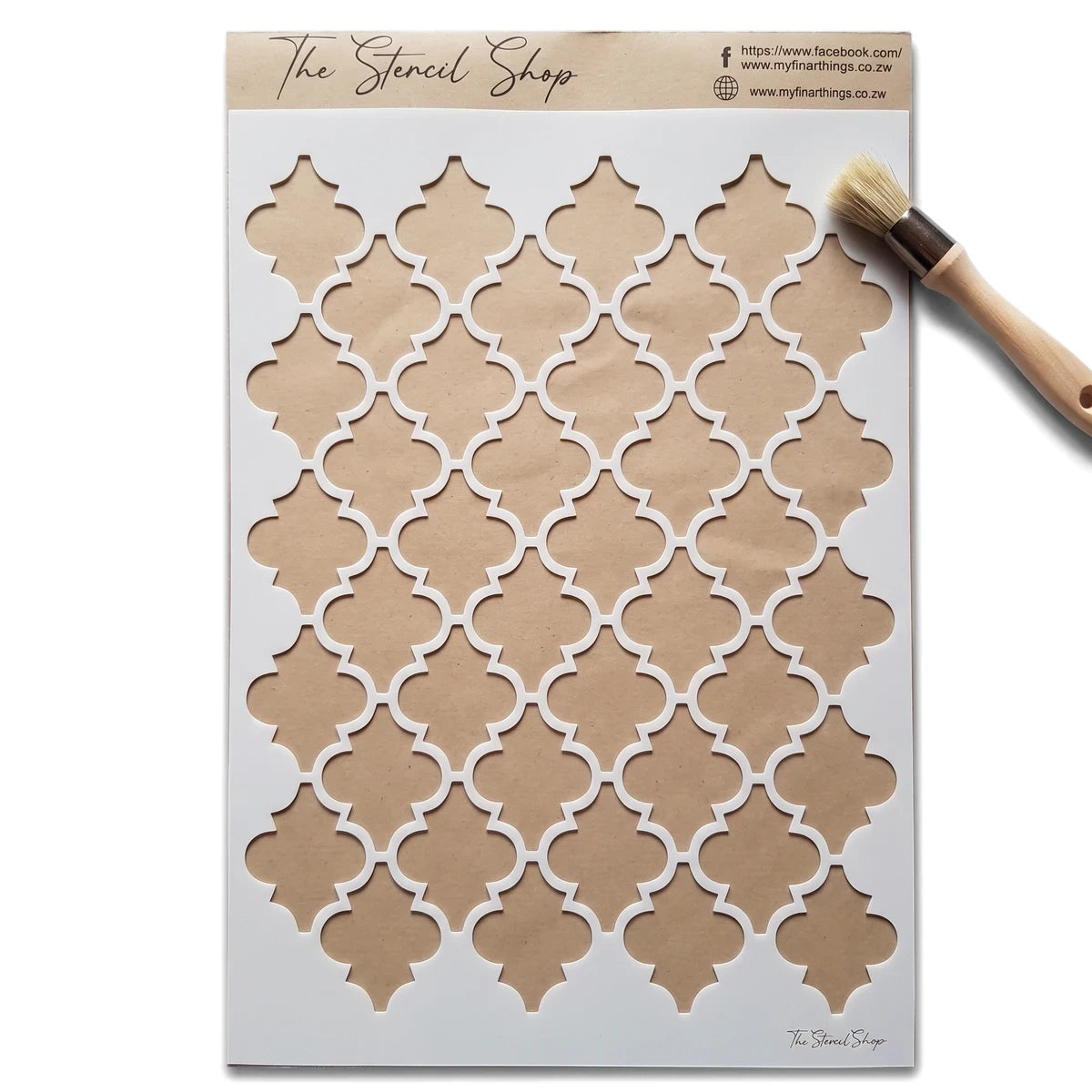 White A3-22 Stencil 82 paint stencil with a Moroccan tile quatrefoil pattern, displayed with a small paint brush.
