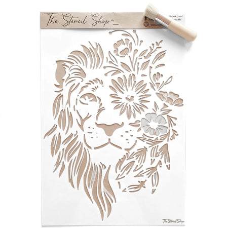 A3-23 Stencil 83 Paint Stencils from The Stencil Shop, featuring a lion's head with a floral mane design, displayed with a