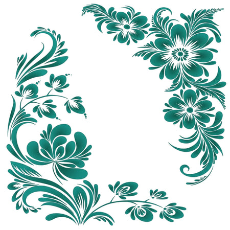 A3-25 Stencil 85 Paint Stencils featuring an intricate teal floral design with various flowers and swirling leaves, perfect