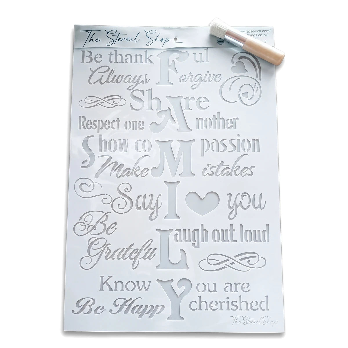 A white rectangular A3-26 Stencil 86 paint stencil featuring the word 'FAMILY' and inspiring phrases, with a small paint