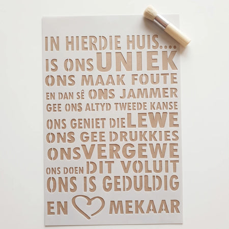 A3-28 Stencil 88 paint stencil with Afrikaans text and a heart shape, used for craft projects.