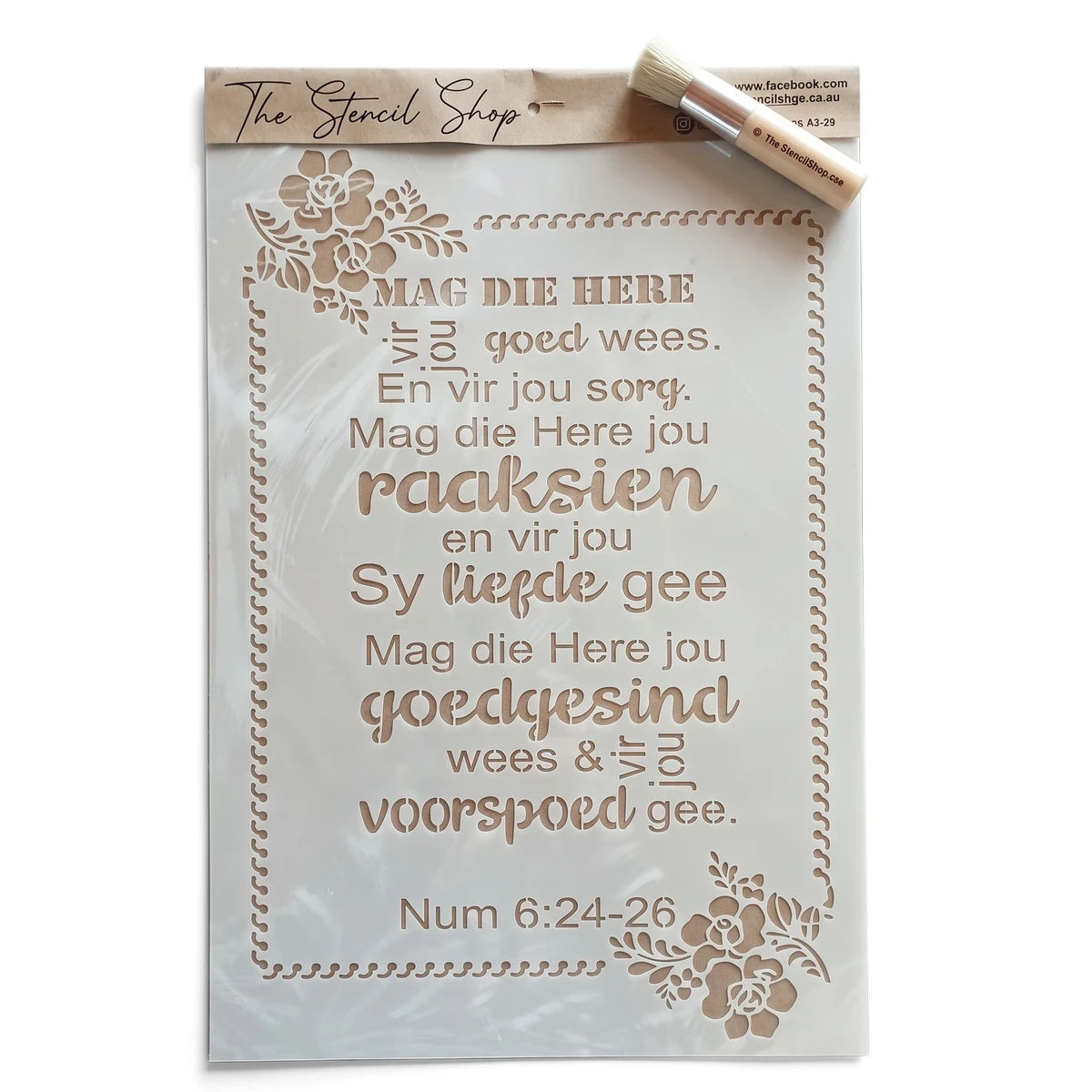 A3-29 Stencil 89 Paint Stencils with Afrikaans scripture and floral design, accompanied by a blending brush.