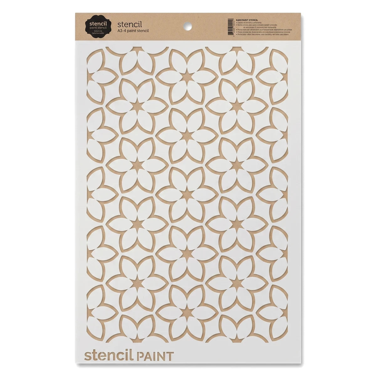 A3-4 Paint Stencils featuring a repeating geometric floral pattern on a white sheet with a kraft brown header.