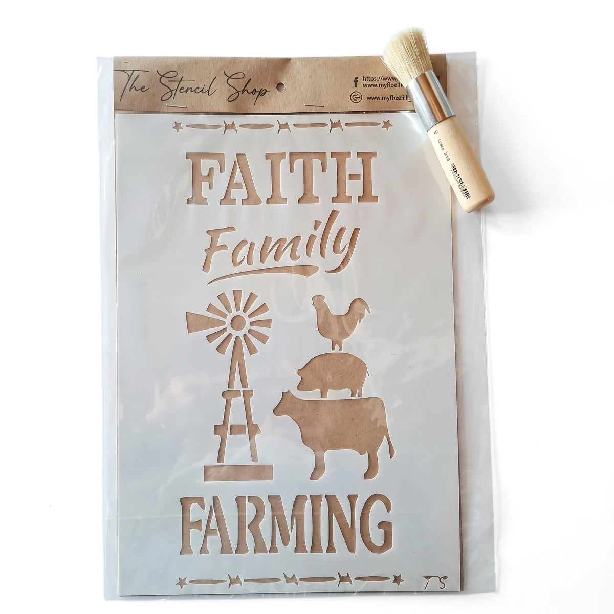 A4-14 Stencil 61 Paint Stencils featuring a 'Faith Family Farming' design with a windmill and farm animals, packaged with a