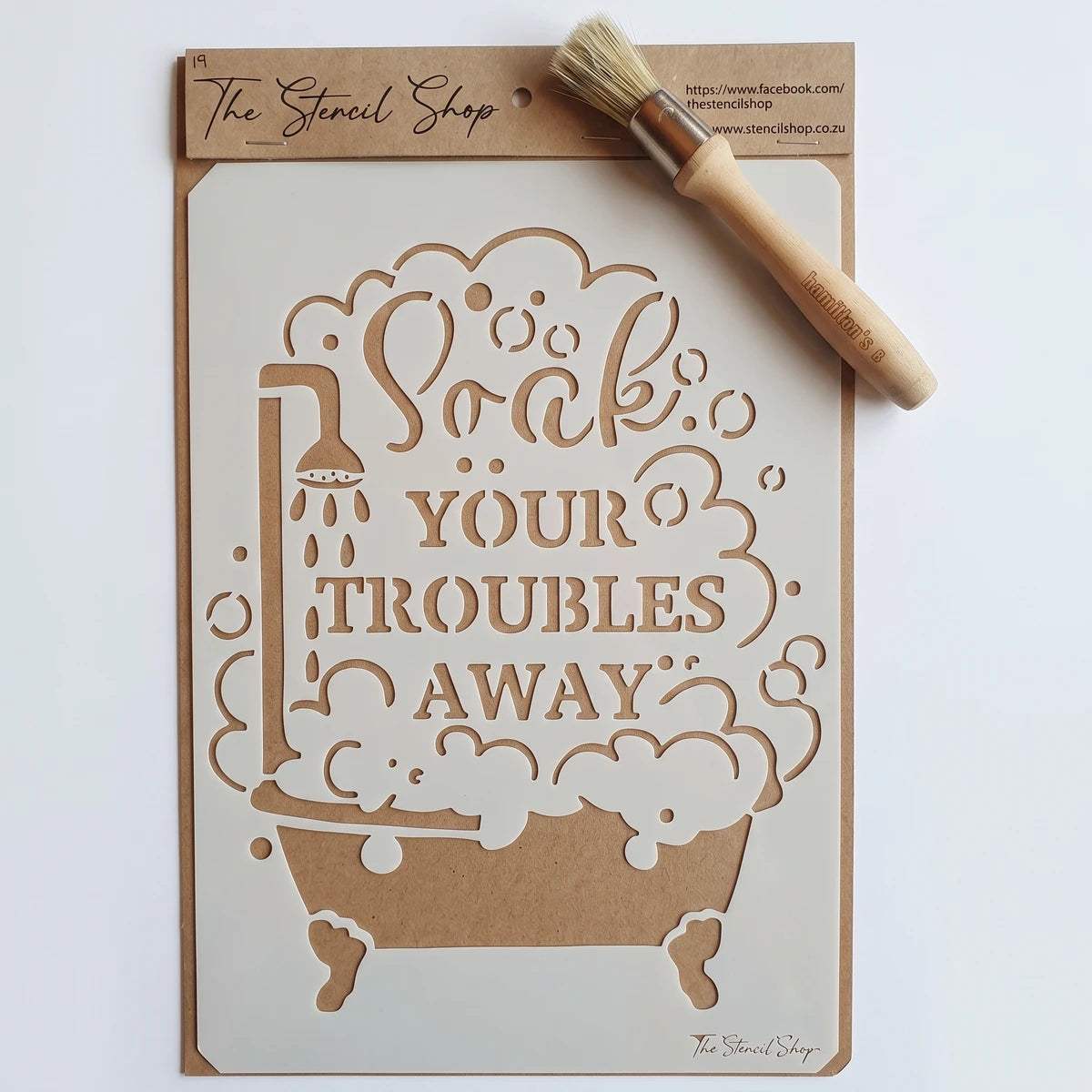 A4-19 Stencil 66 Paint Stencils featuring a 'Soak Your Troubles Away' bathroom design with a tub, shower, and bubbles,