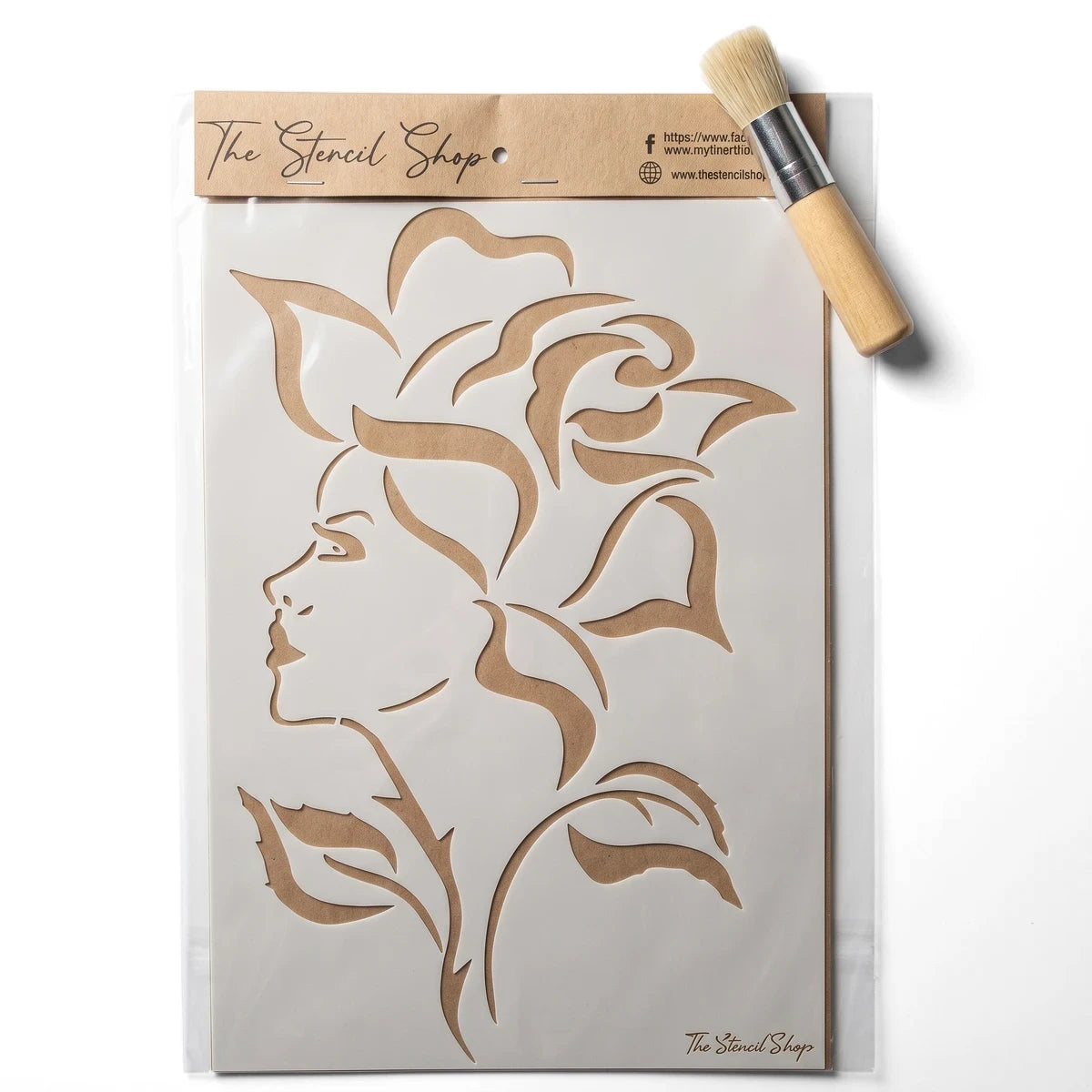 A4-25 Stencil 72 paint stencil featuring a detailed woman's profile and rose design, accompanied by a stencil brush.