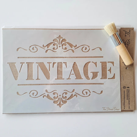 A4-7 Stencil 56 Paint Stencils with 'VINTAGE' design and ornate borders, accompanied by a round brush.