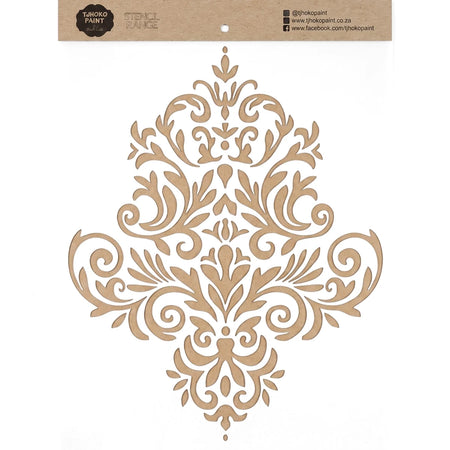 A4-9-06 Stencil 57, a reusable craft stencil featuring an ornate damask pattern, designed for various paint applications.