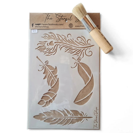 A5-1 Stencil 29 Paint Stencils with multiple feather designs, accompanied by a round stencil brush for craft projects.