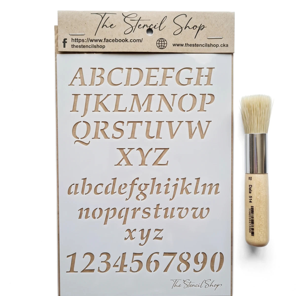 White A5-15 stencil with uppercase, lowercase, and numbers, accompanied by a paint brush, for various crafting projects.