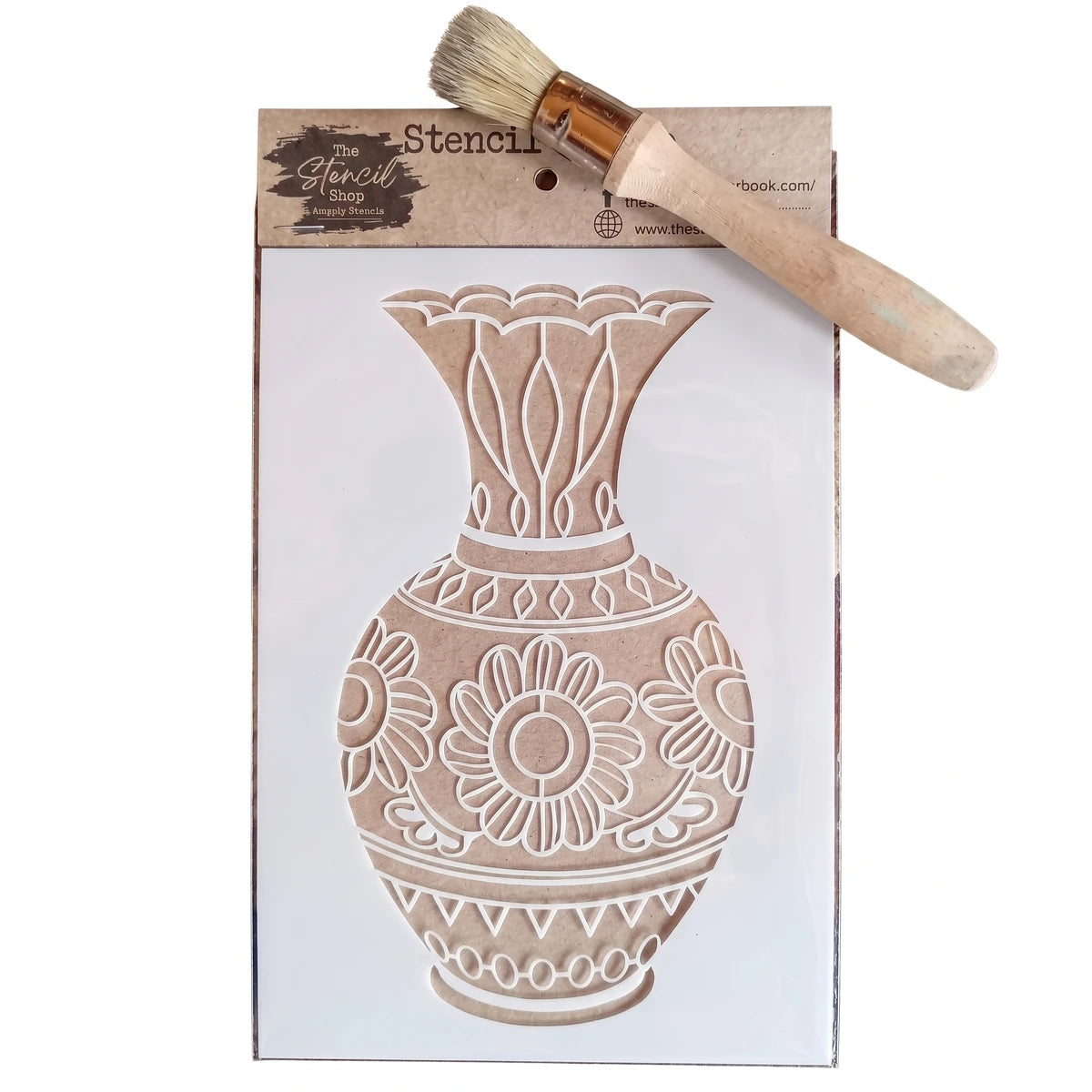 A5-17 Stencil 38 Paint Stencils featuring a decorative vase design, displayed in white with a paint brush.