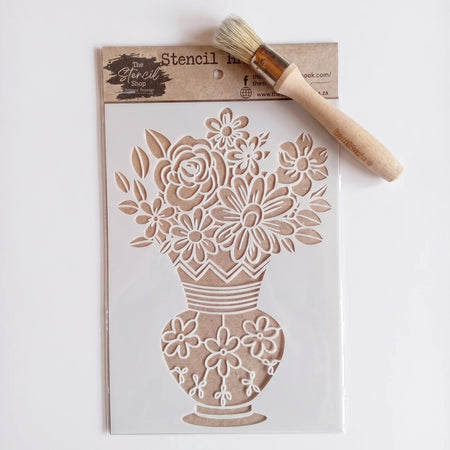 A5-18 Stencil 39 Paint Stencils featuring an intricate floral vase design, presented with a stenciling brush.