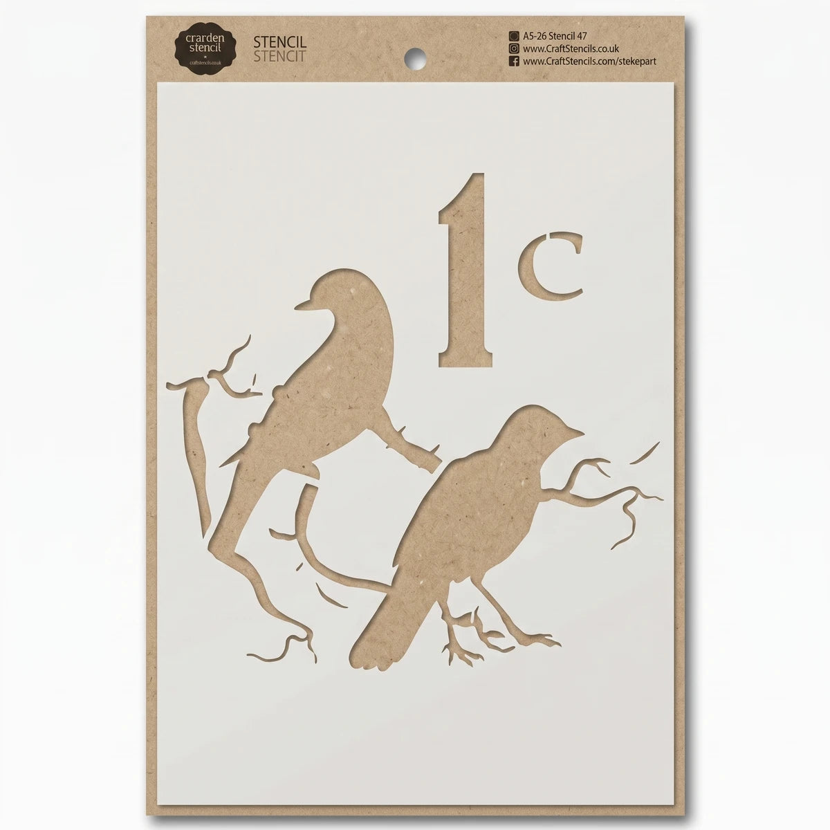 A5-26 Stencil 47 paint stencil featuring two bird silhouettes on branches and the number 1c, crafted from kraft paper