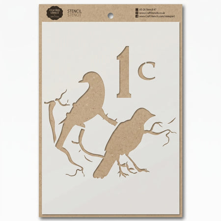 A5-26 Stencil 47 paint stencil featuring two bird silhouettes on branches and the number 1c, crafted from kraft paper