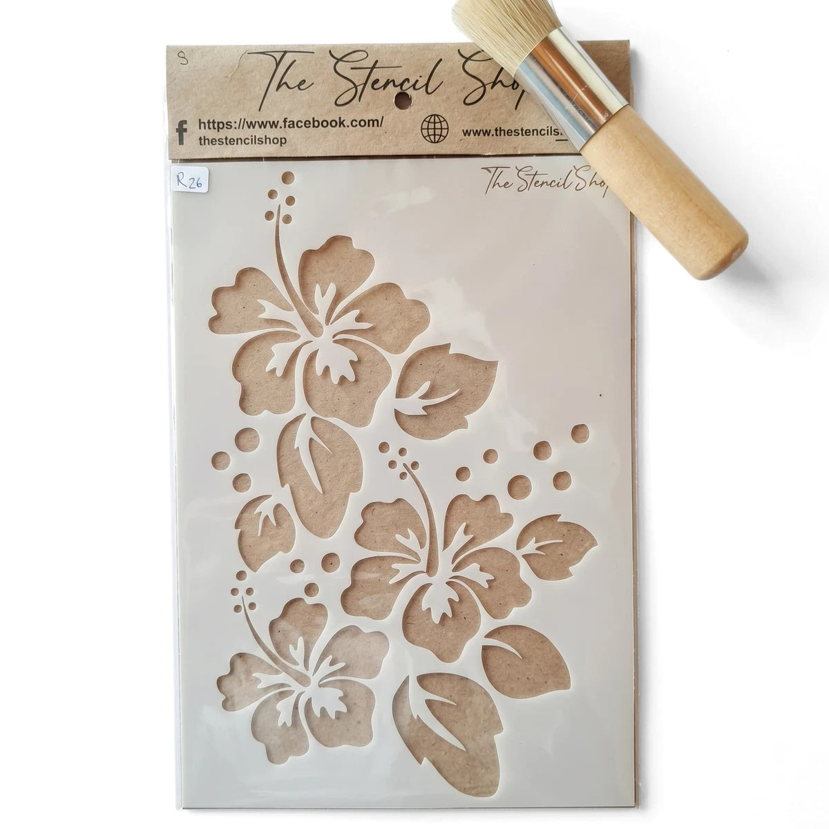 White A5-5 Stencil 30 paint stencil featuring a tropical hibiscus floral design, displayed with a short-handle stencil brush.