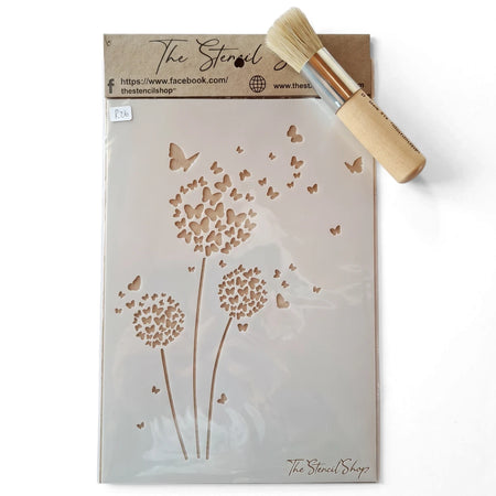 A5-6 Stencil 31 butterfly dandelion design with a wooden handle stencil brush on a textured surface.