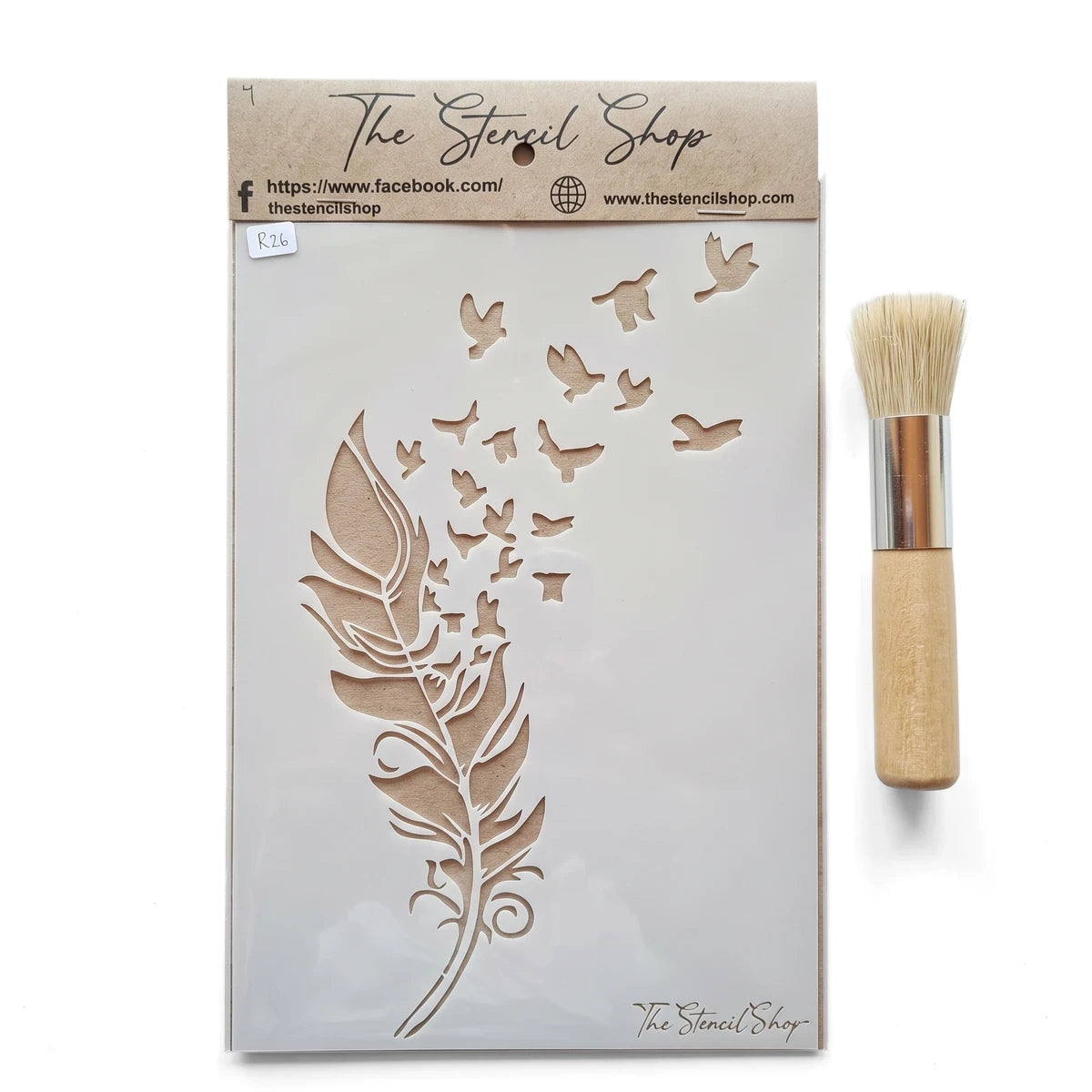 White A5-7 Stencil 32 with a feather transforming into flying birds design, packaged in clear plastic, accompanied by a
