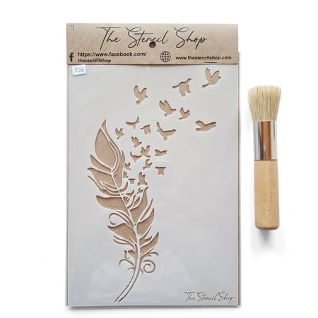 White A5-7 Stencil 32 with a feather transforming into flying birds design, packaged in clear plastic, accompanied by a