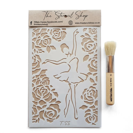 A5-9 Stencil 33 Paint Stencils featuring an elegant ballerina and rose pattern, displayed with a blending brush for crafting.
