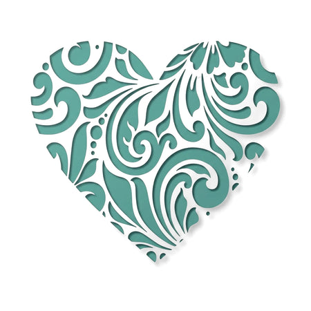 A6-14A Stencil 8 paint stencil featuring a teal heart shape with an intricate, swirling floral pattern.