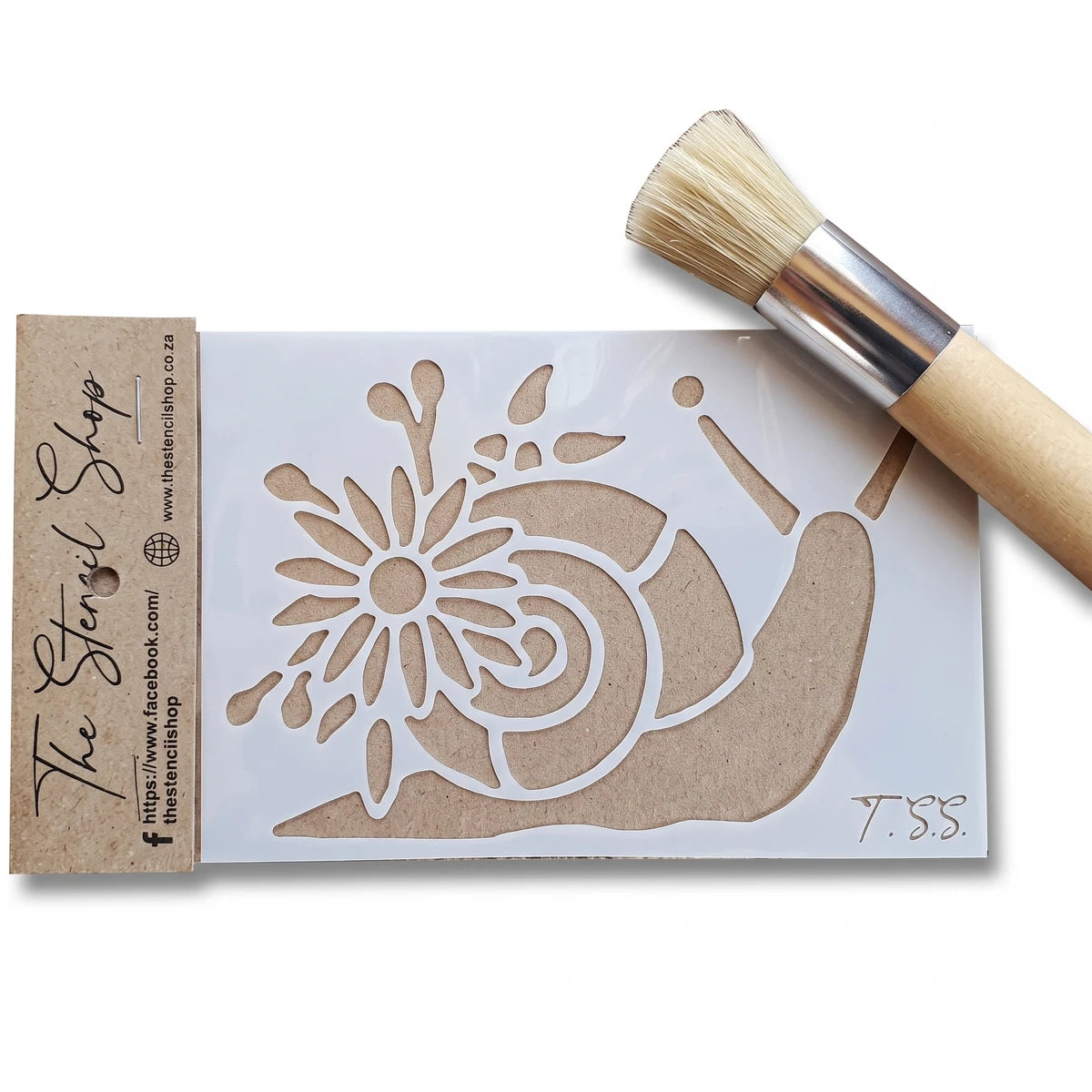 A6-15 Stencil 10 paint stencil featuring a snail and flower design, crafted from clear plastic, shown with a blending brush.