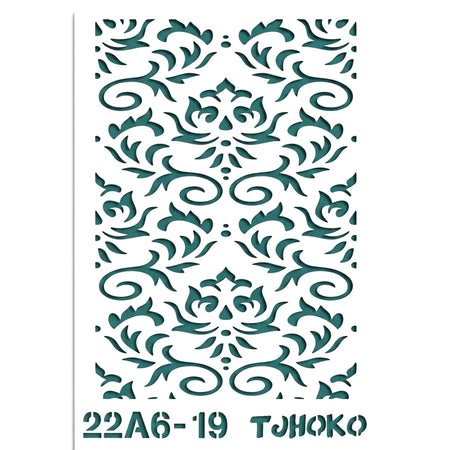 A6-19 Stencil 14 Paint Stencils featuring a teal damask pattern, designed for crafting and home decor.