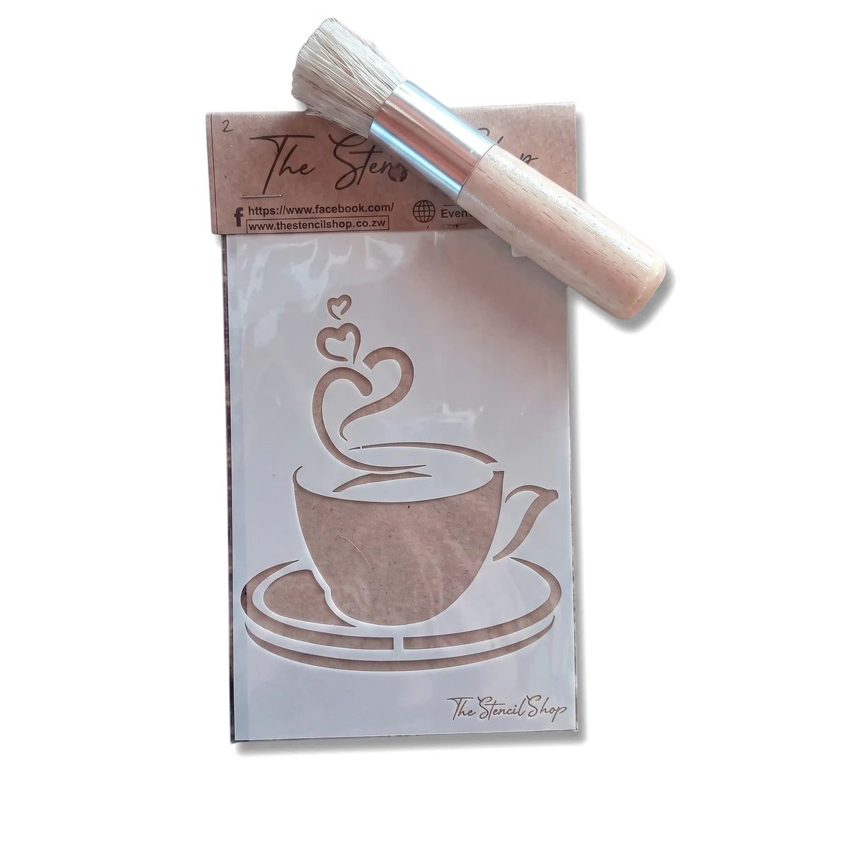 A white A6-2 paint stencil featuring a coffee cup with heart-shaped steam design, accompanied by a small wooden-handled