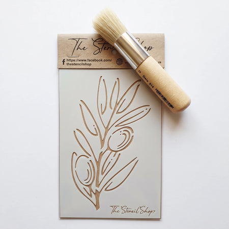 A6-22 Stencil 17 Paint Stencils featuring an olive branch design, accompanied by a paint brush with a wooden handle.
