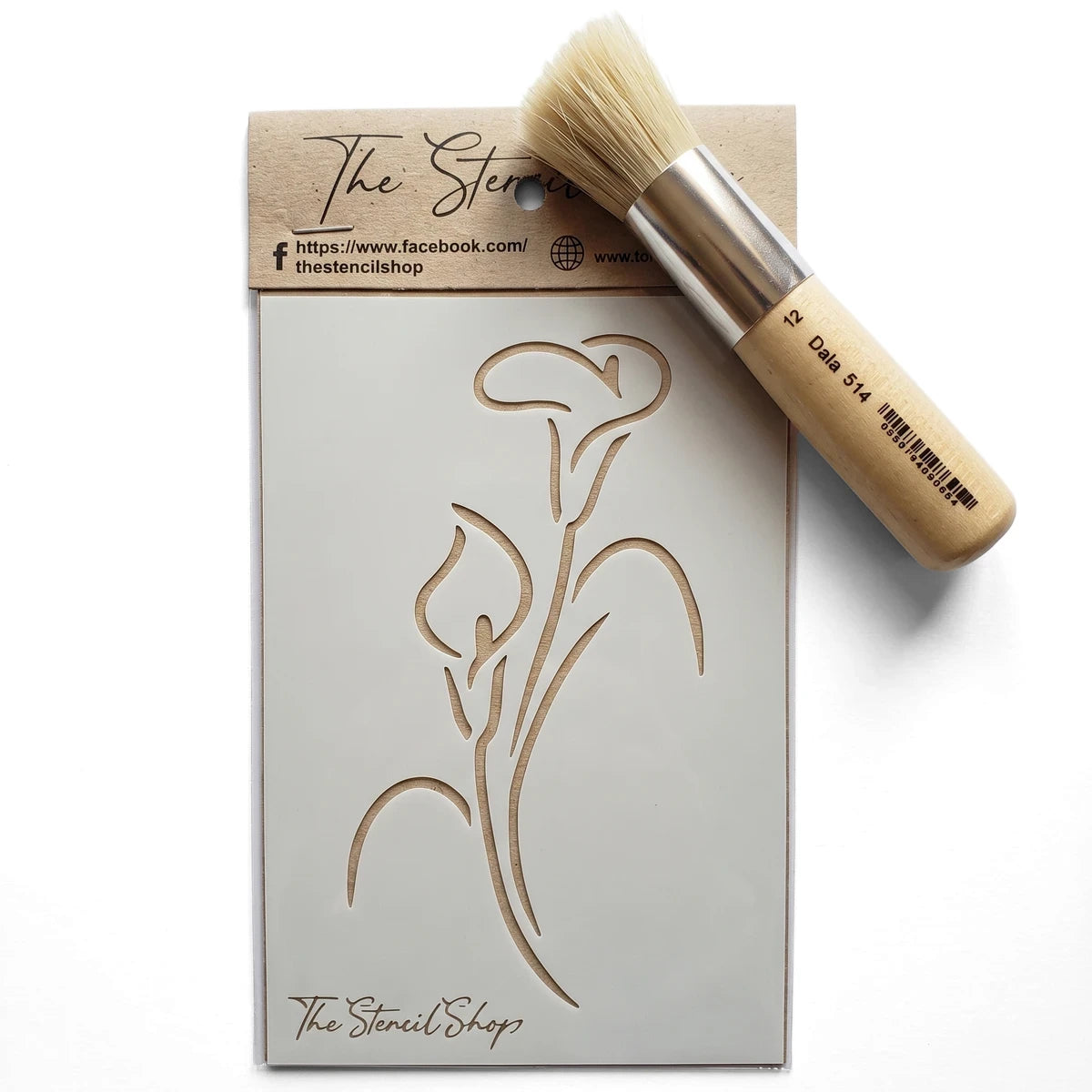 A6-24 Stencil 19 paint stencil featuring a delicate calla lily design, displayed with a Dala 514 stencil brush.