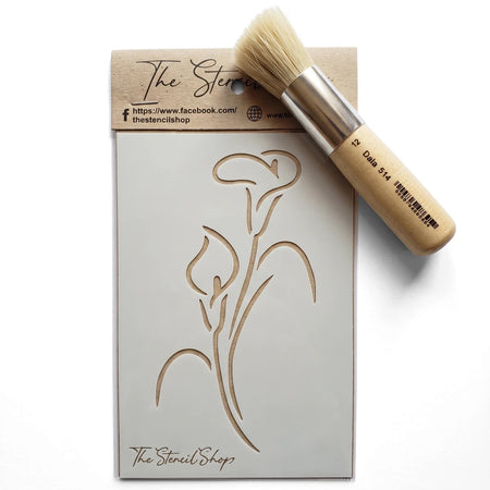 A6-24 Stencil 19 paint stencil featuring a delicate calla lily design, displayed with a Dala 514 stencil brush.