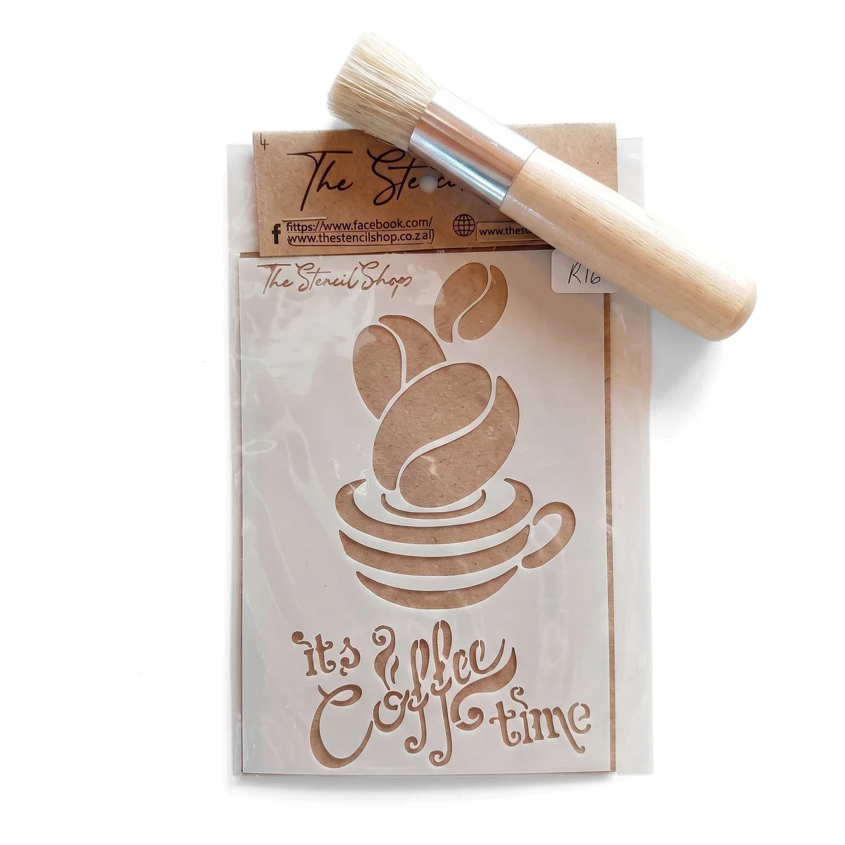 A6-4 Stencil 2 Paint Stencils featuring an 'it's coffee time' design with coffee beans and a cup, shown with a small stencil