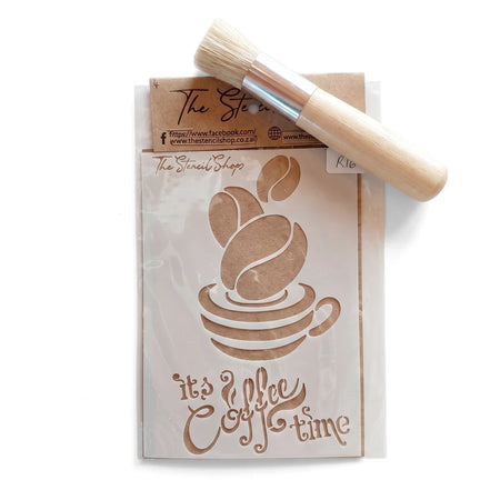 A6-4 Stencil 2 Paint Stencils featuring an 'it's coffee time' design with coffee beans and a cup, shown with a small stencil
