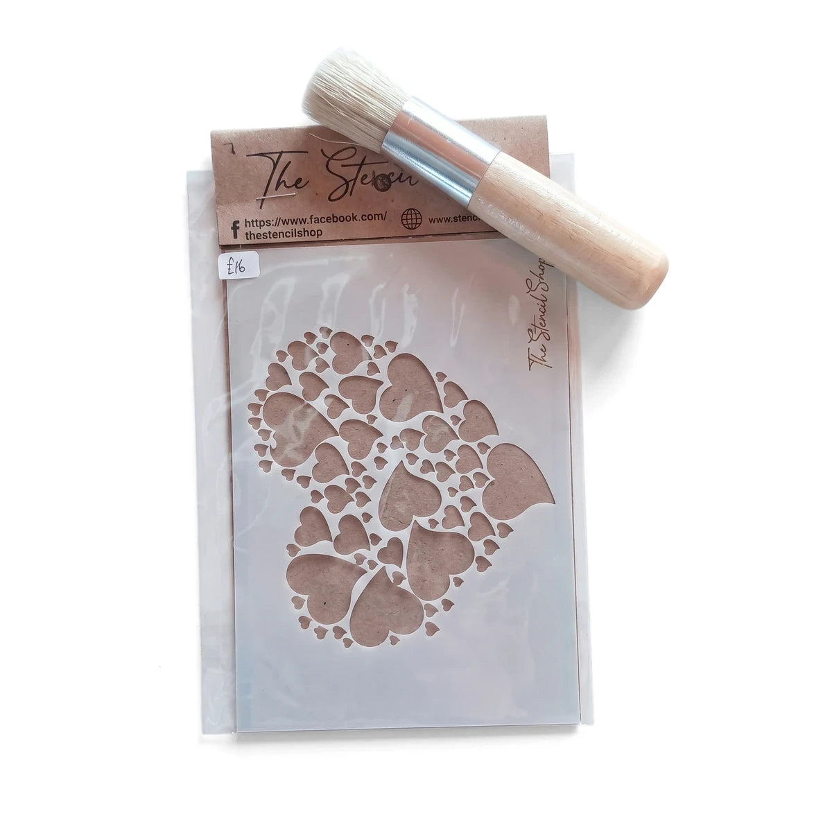 A6-7 Stencil 3 Paint Stencils featuring a heart pattern design, accompanied by a wooden handle stencil brush.