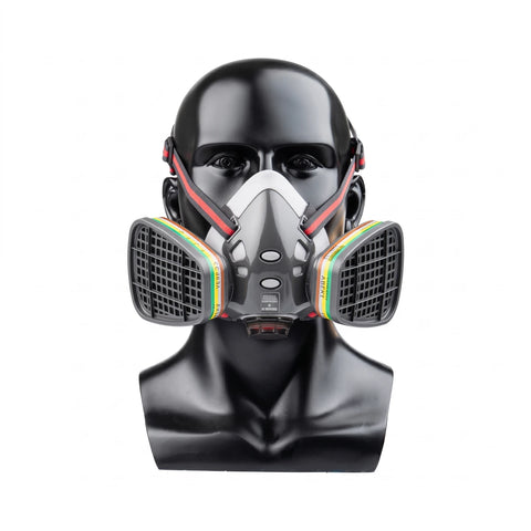Front view of an Abek1 combination gas filter cartridge respirator, grey and white, displayed on a black mannequin head.