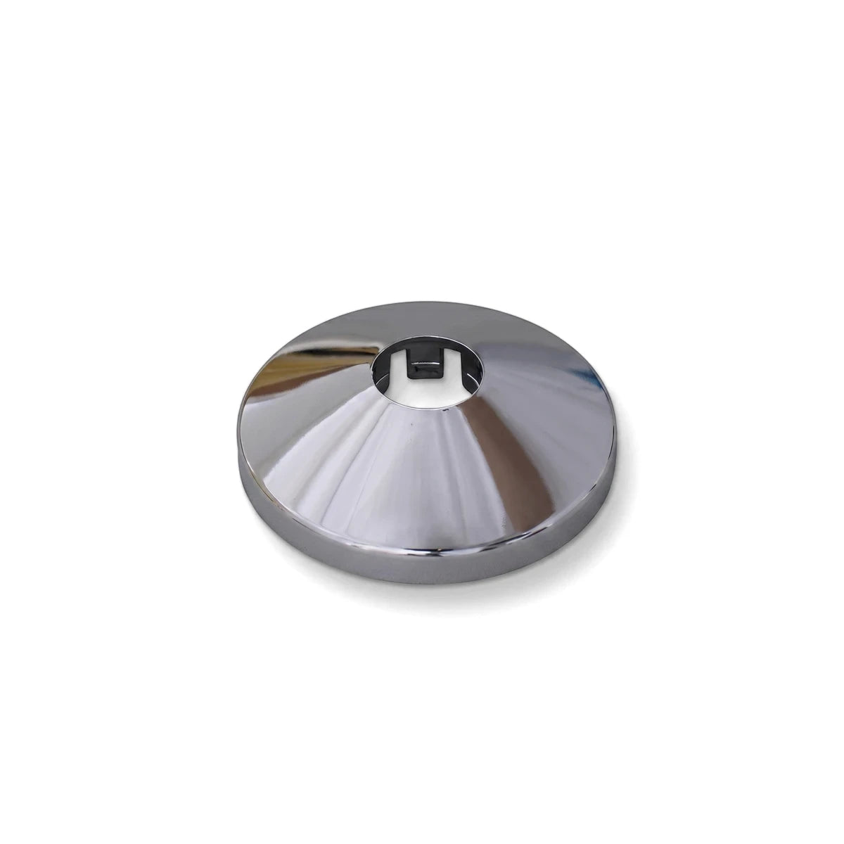Chrome-plated 1/2 inch ABS plastic cover plate, circular and tapered, designed for plumbing applications