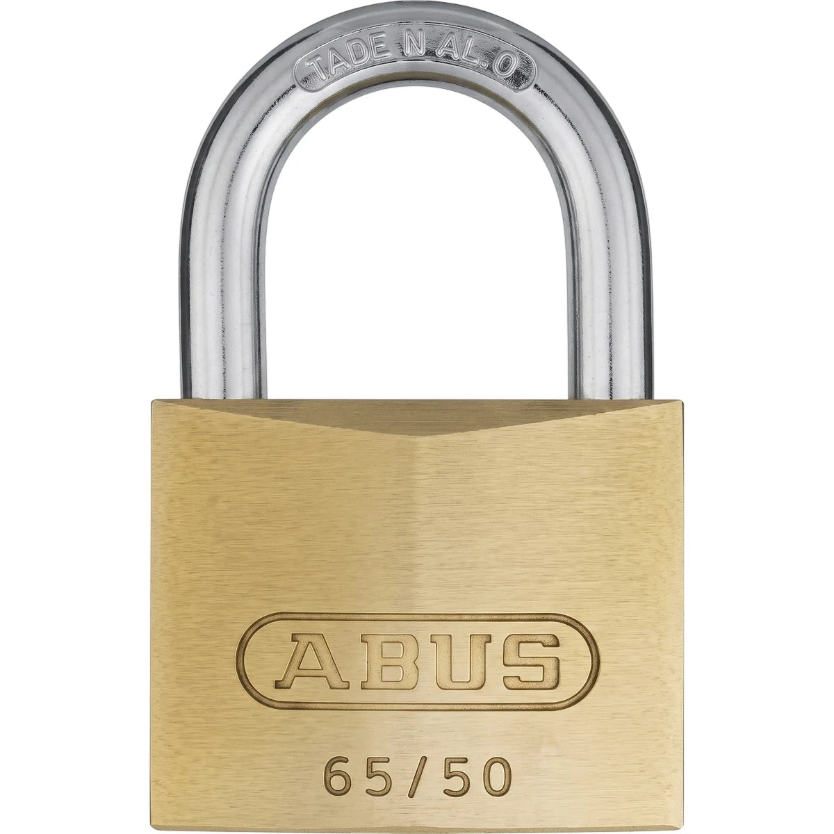 Front view of an ABUS 65/50 50mm keyed alike brass padlock with a silver steel shackle, used for security.