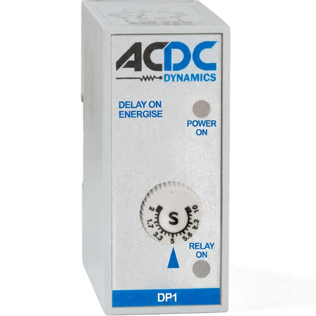 ACDC Dynamics DP1 Multi Function Multi Voltage Timer with a light gray rectangular body and white rotary knob.