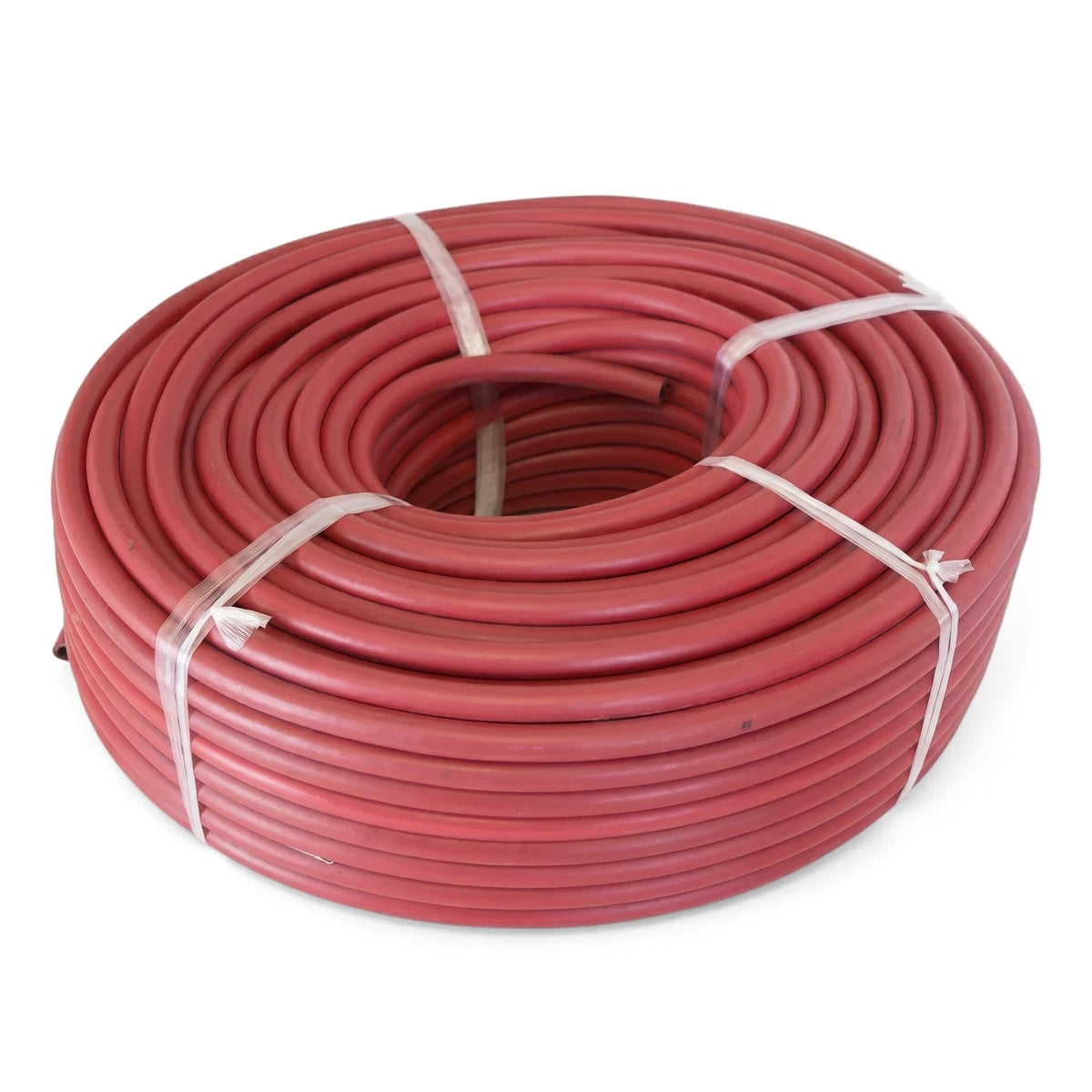 Coiled red acetylene gas hose for welding and cutting applications, neatly bound for storage and transport.