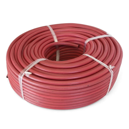 Coiled red acetylene gas hose for welding and cutting applications, neatly bound for storage and transport.