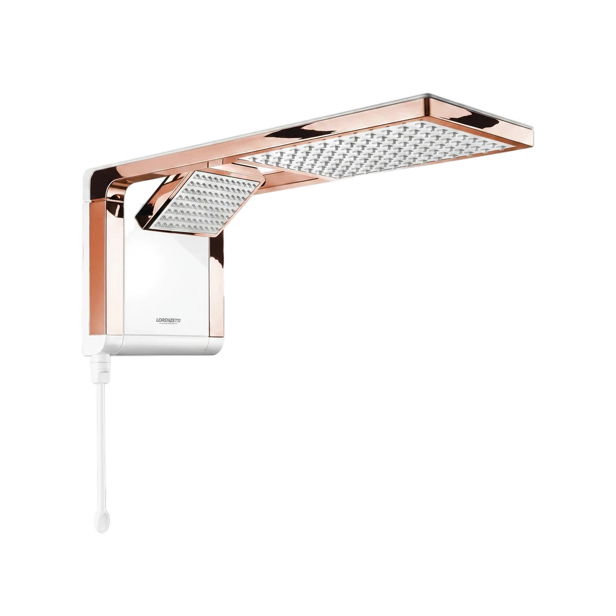 Acqua Duo Shower in white and rose gold finish, an electric shower head with 220V and 6800W power rating.