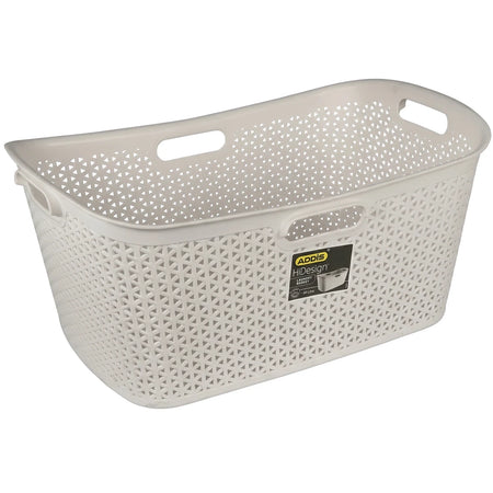 White Addis HiDesign 50-litre plastic laundry basket with triangular perforated pattern and integrated handles, angled view.