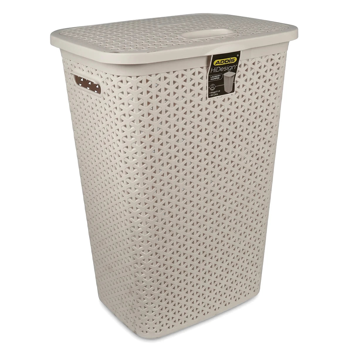 Beige perforated plastic Addis Hidesign laundry hamper with a hinged lid, featuring a tall rectangular design on a white