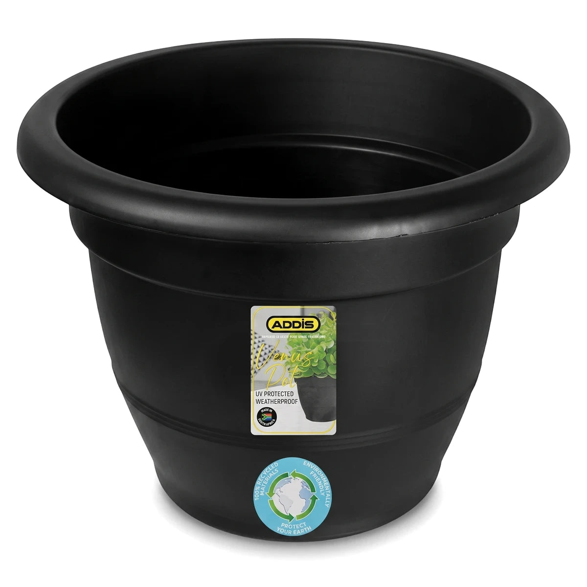 Black Addis Venus 52cm plant pot made from UV protected recycled plastic, shown from a front angle.