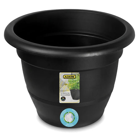 Black Addis Venus 52cm plant pot made from UV protected recycled plastic, shown from a front angle.
