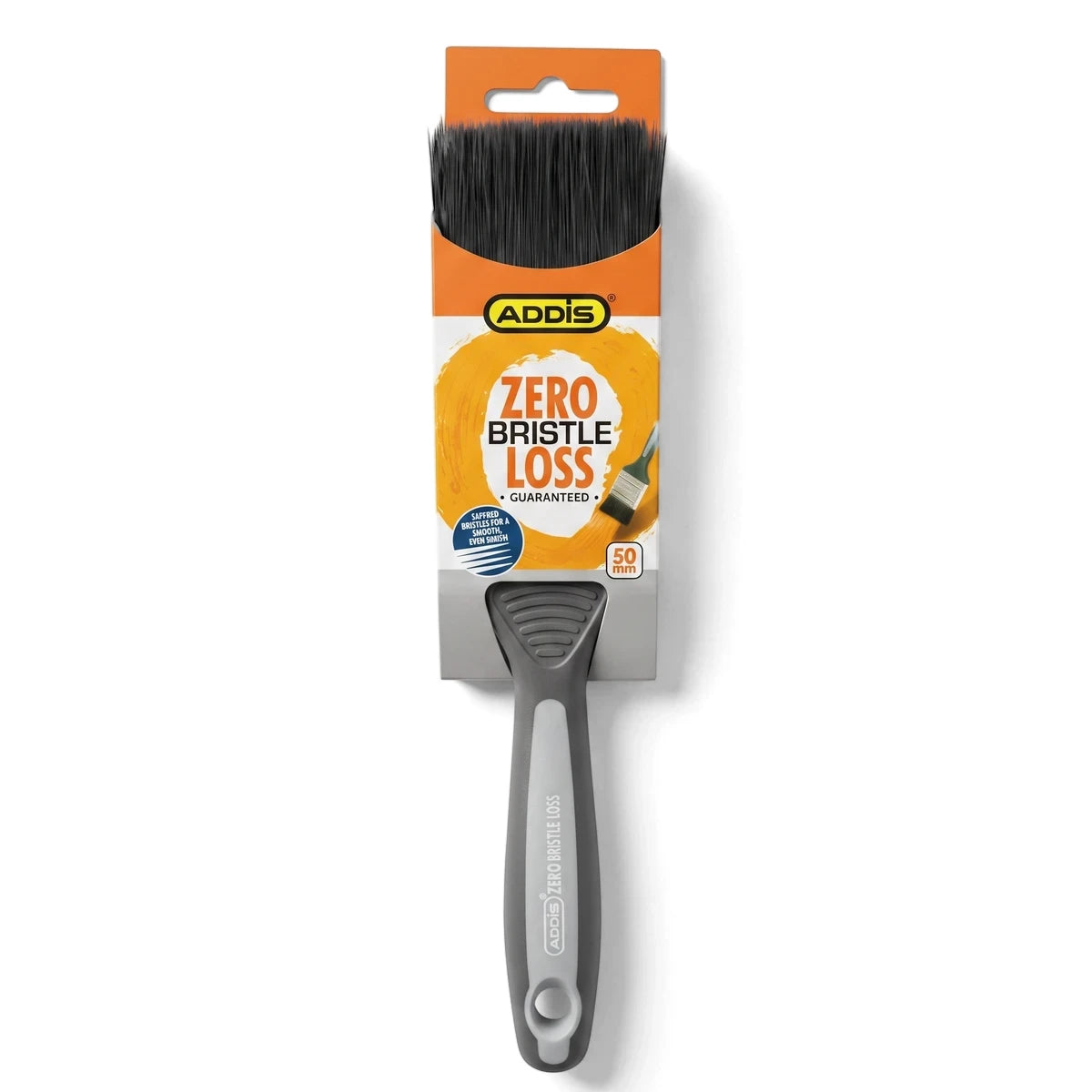 Addis Zero Loss Paint Brush 50mm with black bristles, packaged in orange and white, featuring a dark gray handle.