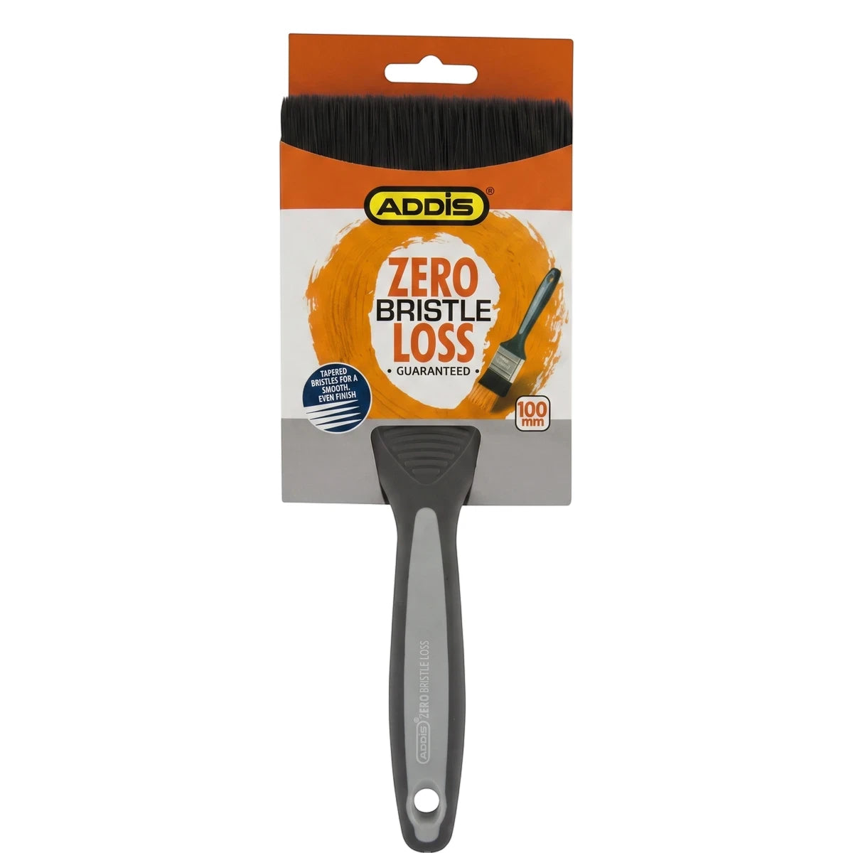 Addis Zeroloss 100mm paint brush with black bristles and gray handle in orange and white packaging.