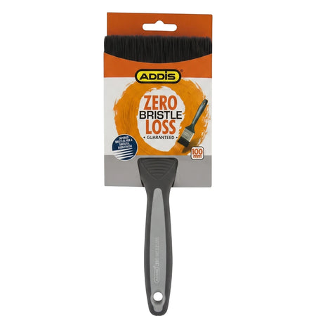 Addis Zeroloss 100mm paint brush with black bristles and gray handle in orange and white packaging.