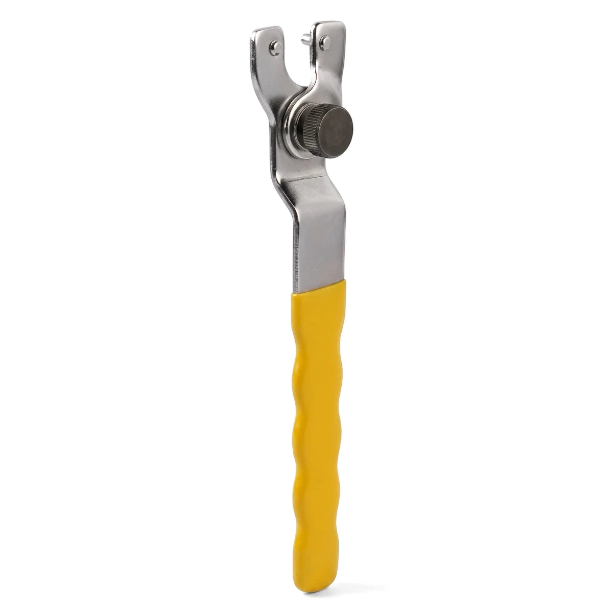 Adjustable angle grinder spanner with a silver metal body and a yellow ribbed ergonomic handle, shown vertically.