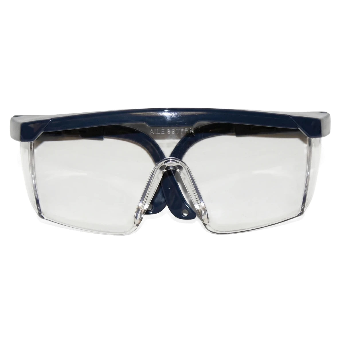 Adjustable Safety Spectacles with clear lenses and a dark blue frame, shown from a front view.